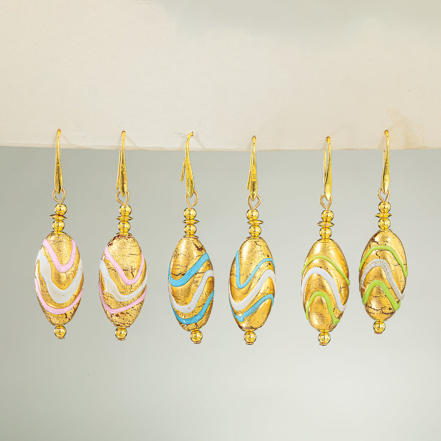 Murano Glass Oval Sage & Gold Wave Earrings