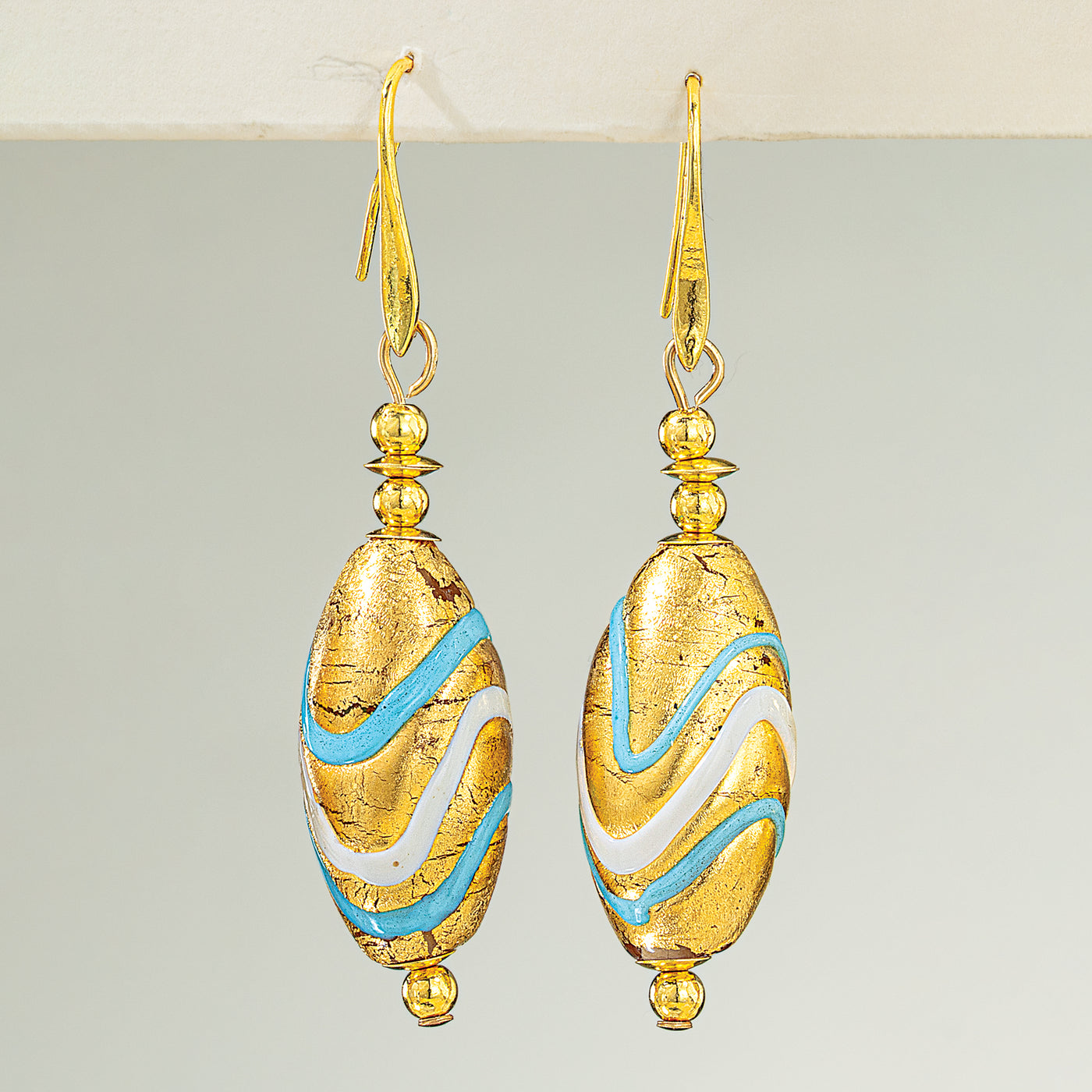 Murano Glass Oval Teal & Gold Wave Earrings