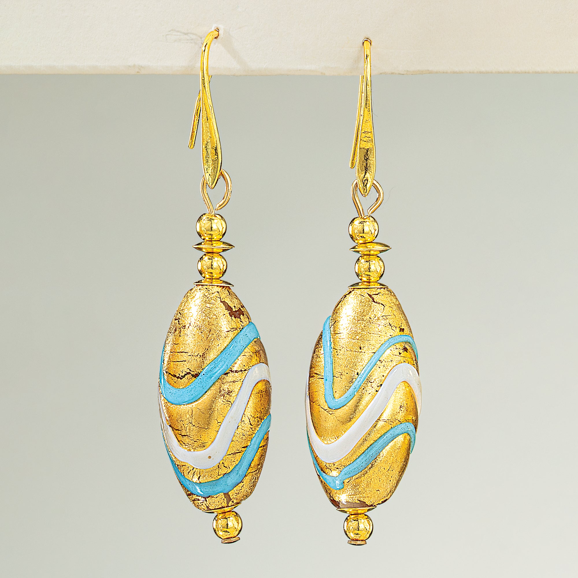 Murano Glass Oval Teal & Gold Wave Earrings