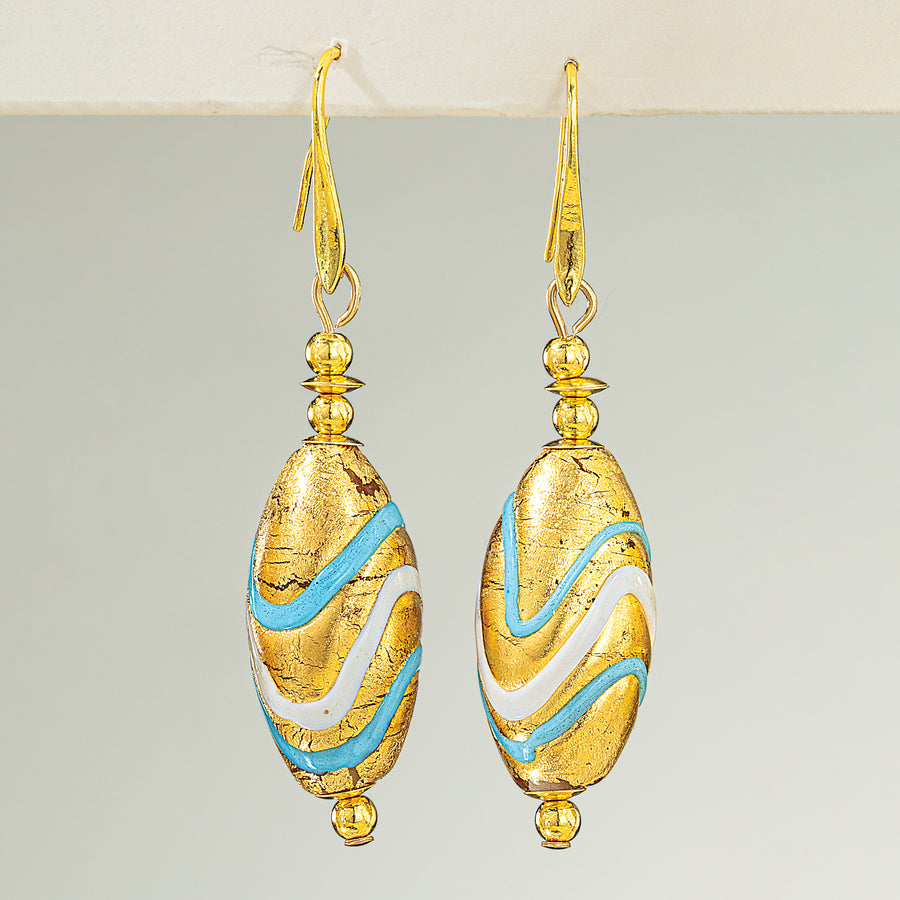Murano Glass Oval Teal & Gold Wave Earrings