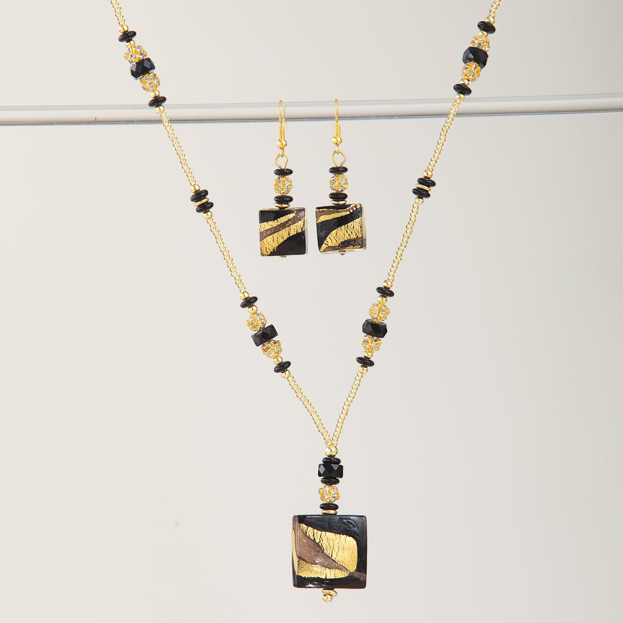 Murano Glass Golden Waves Black and Gold Necklace & Earrings Set