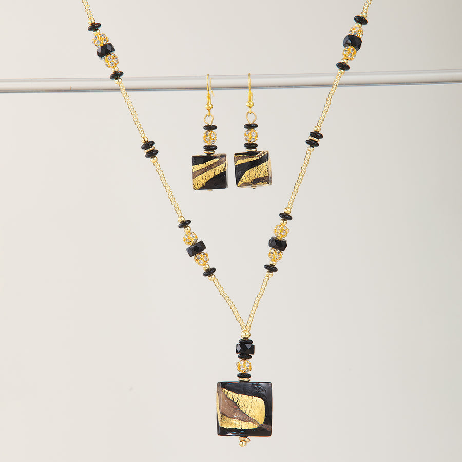 Murano Glass Golden Waves Black and Gold Necklace & Earrings Set