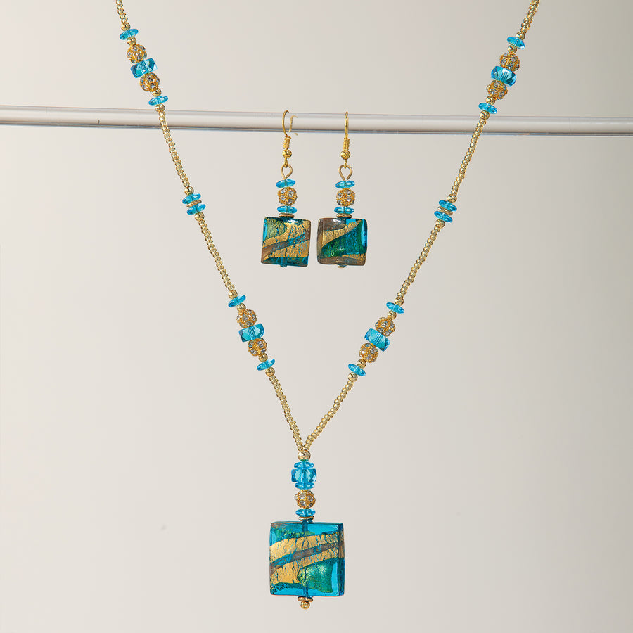 Murano Glass Golden Waves Aqua and Gold Necklace & Earrings Set