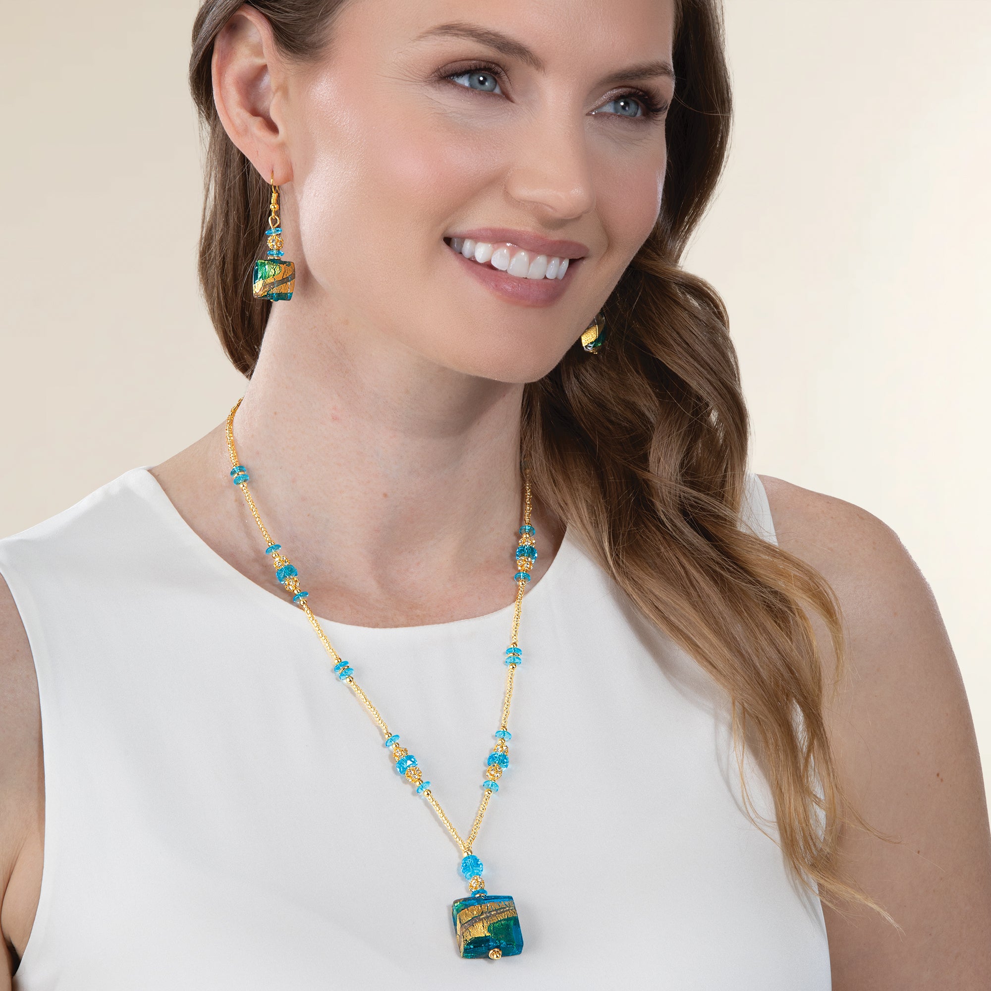 Murano Glass Golden Waves Aqua and Gold Necklace & Earrings Set