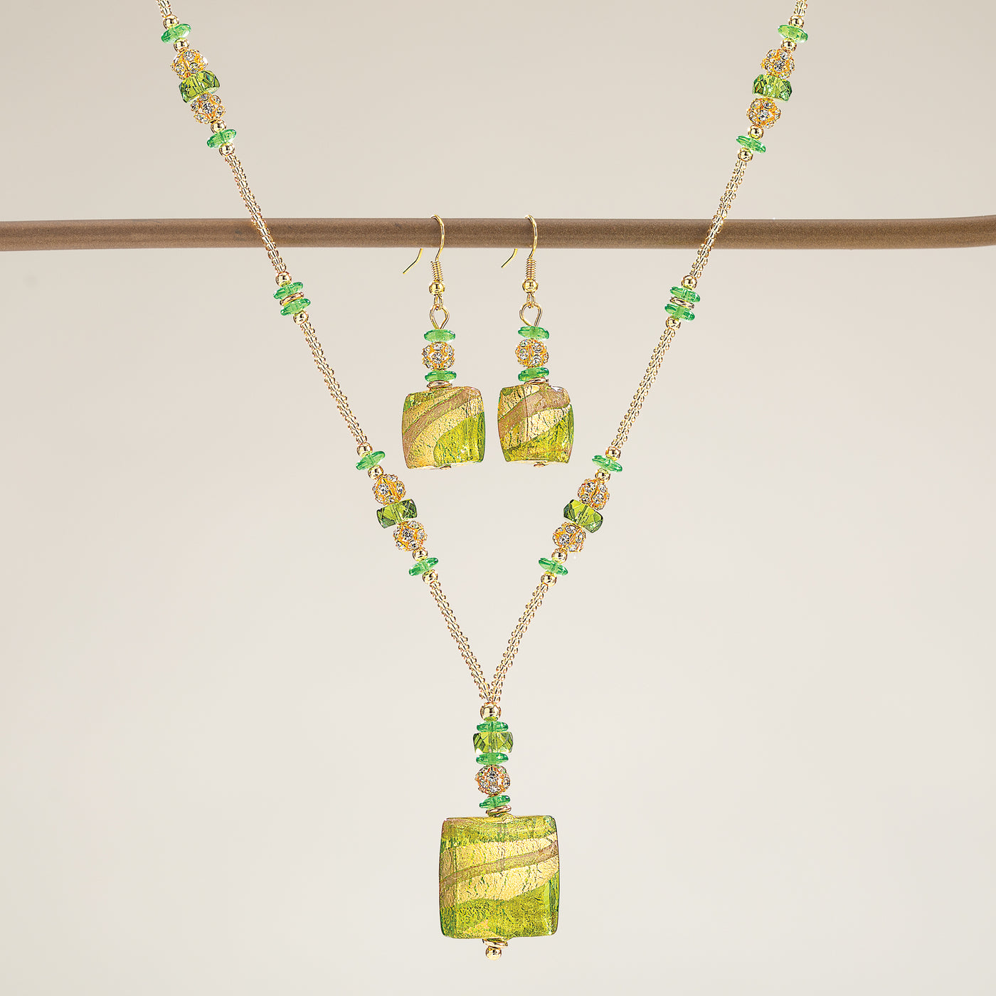 Murano Glass Golden Waves Green and Gold Necklace & Earrings Set