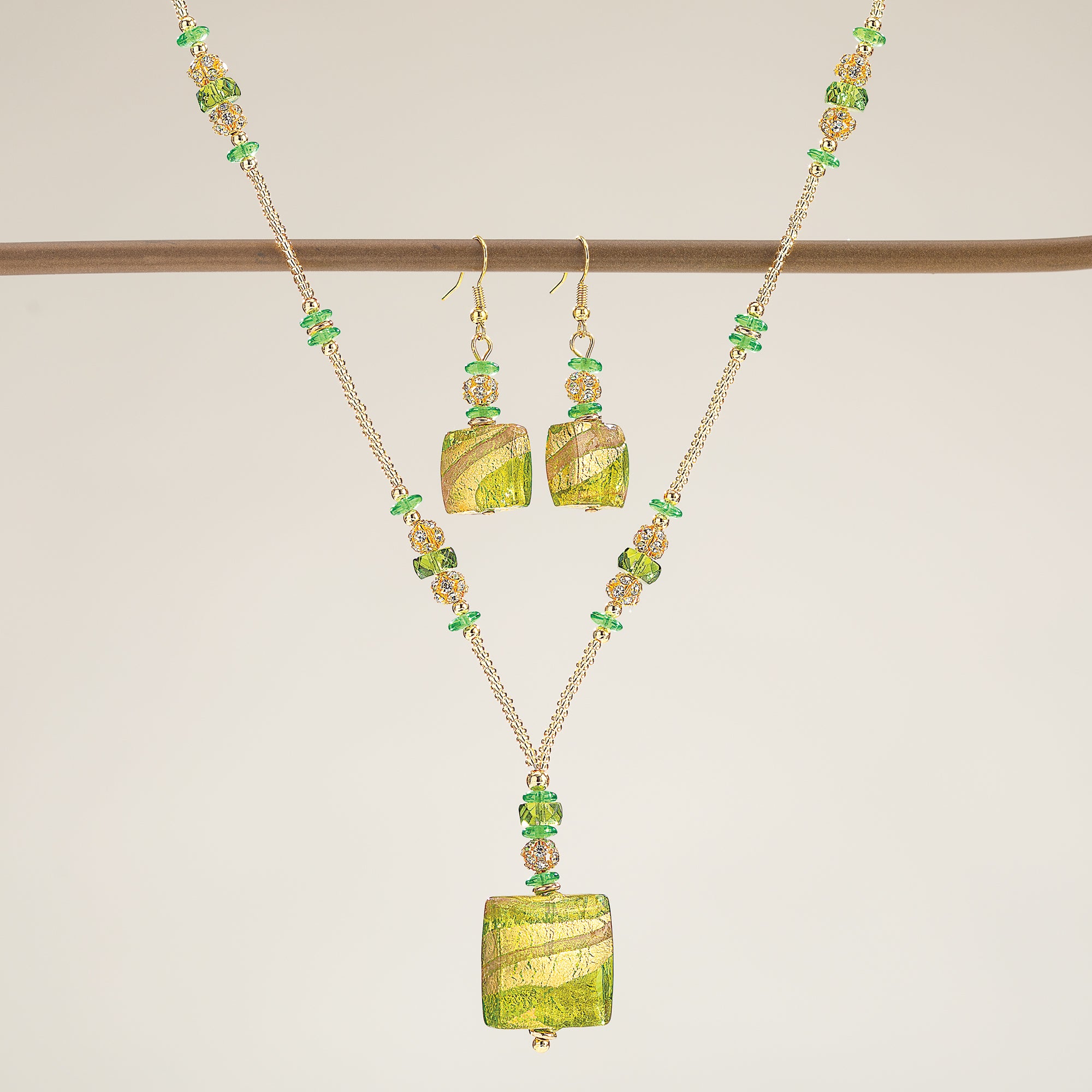 Murano Glass Golden Waves Green and Gold Necklace & Earrings Set