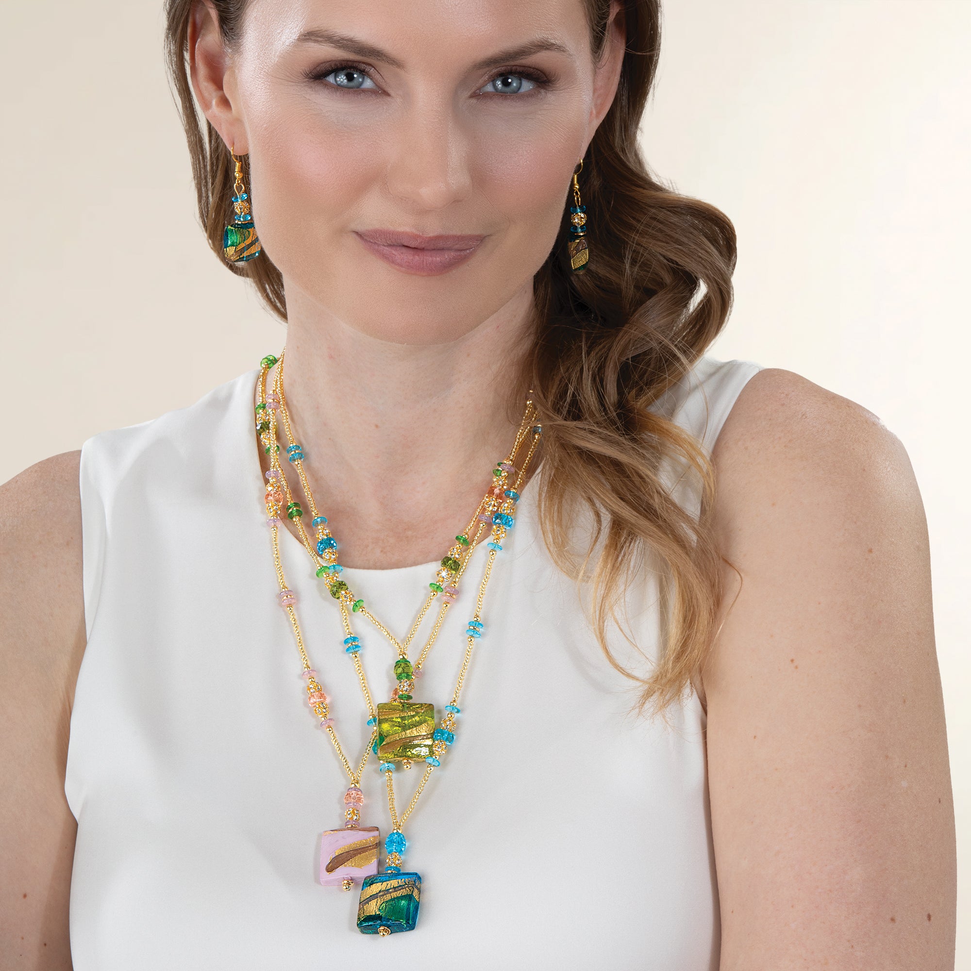 Murano Glass Golden Waves Aqua and Gold Necklace & Earrings Set