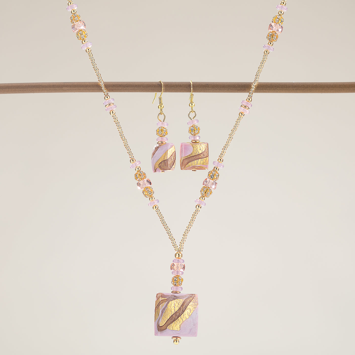 Murano Glass Golden Waves Pink and Gold Necklace & Earrings Set