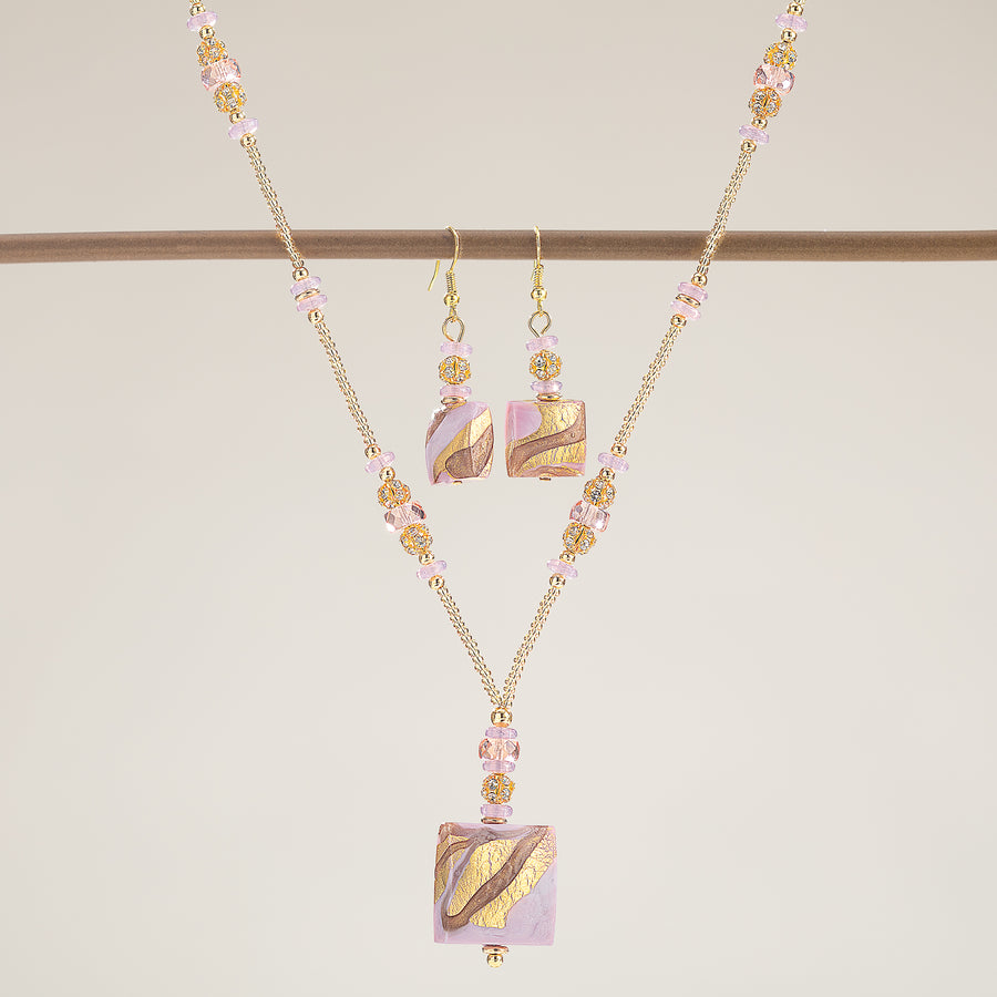 Murano Glass Golden Waves Pink and Gold Necklace & Earrings Set