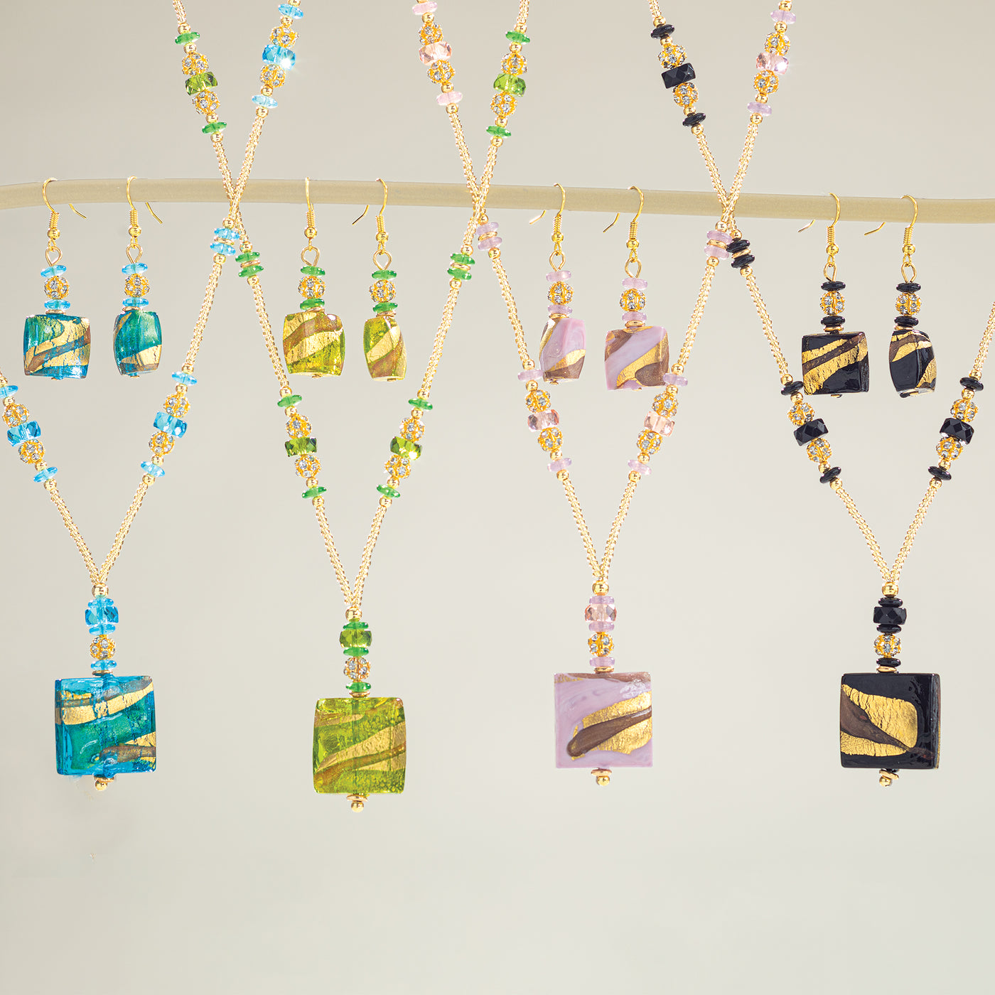 Murano Glass Golden Waves Aqua and Gold Necklace & Earrings Set