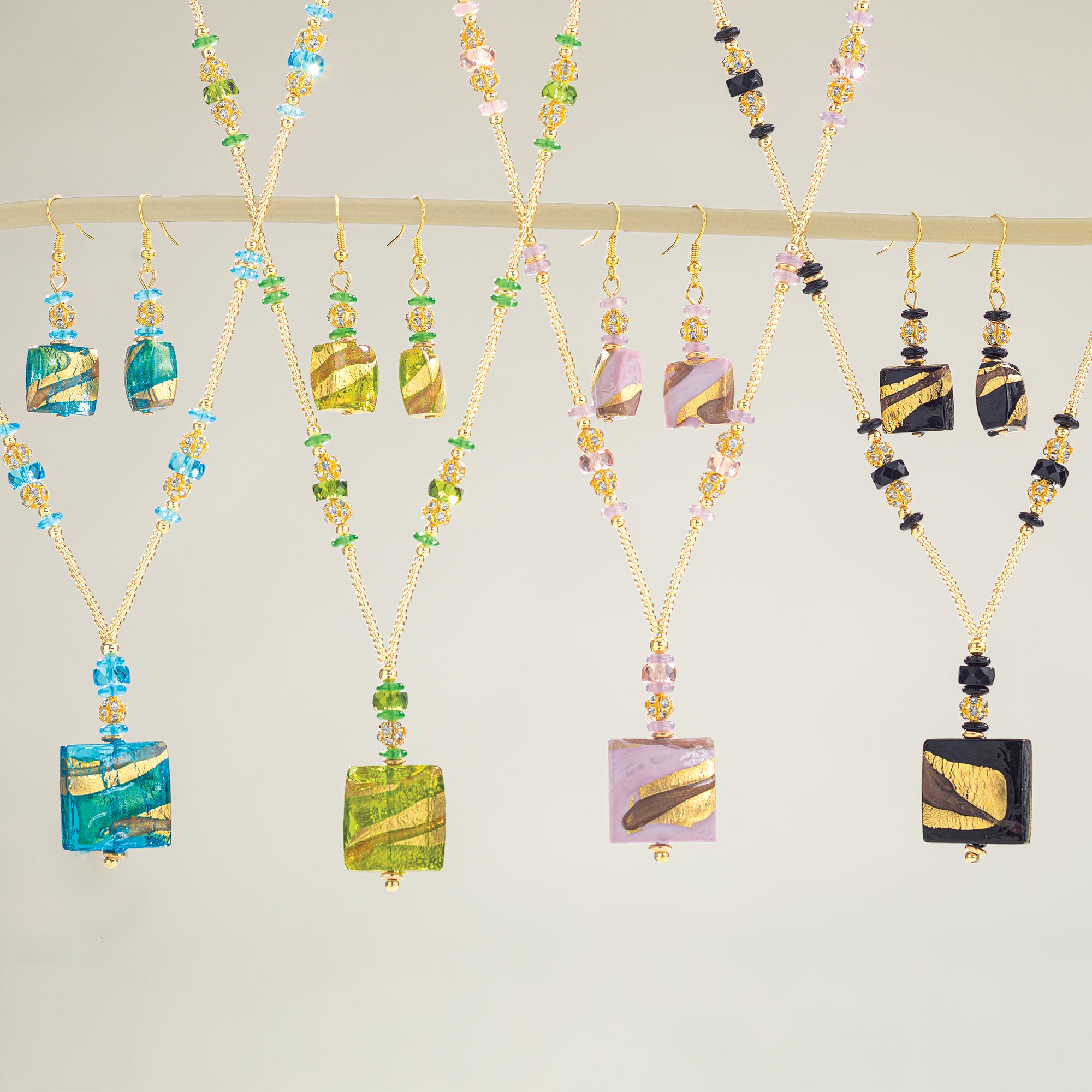 Murano Glass Golden Waves Aqua and Gold Necklace & Earrings Set