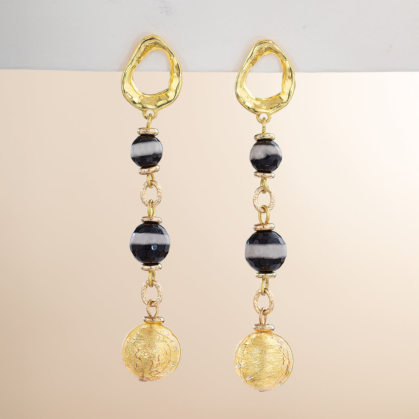 Murano Glass & Banded Agate Triple Drop Earrings (Preorder)