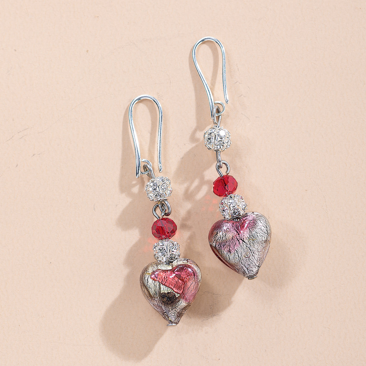 Murano Glass Crimson & Silver Heart Earrings (Preorder)