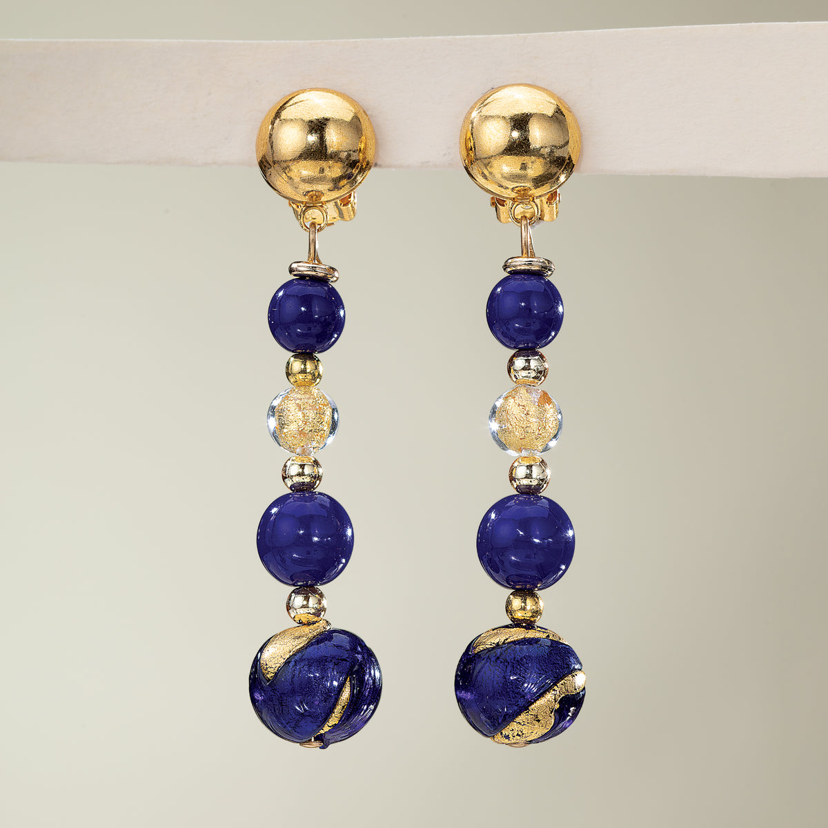 Murano Glass Blue Royale Long Clip-On Earrings (Preorder)