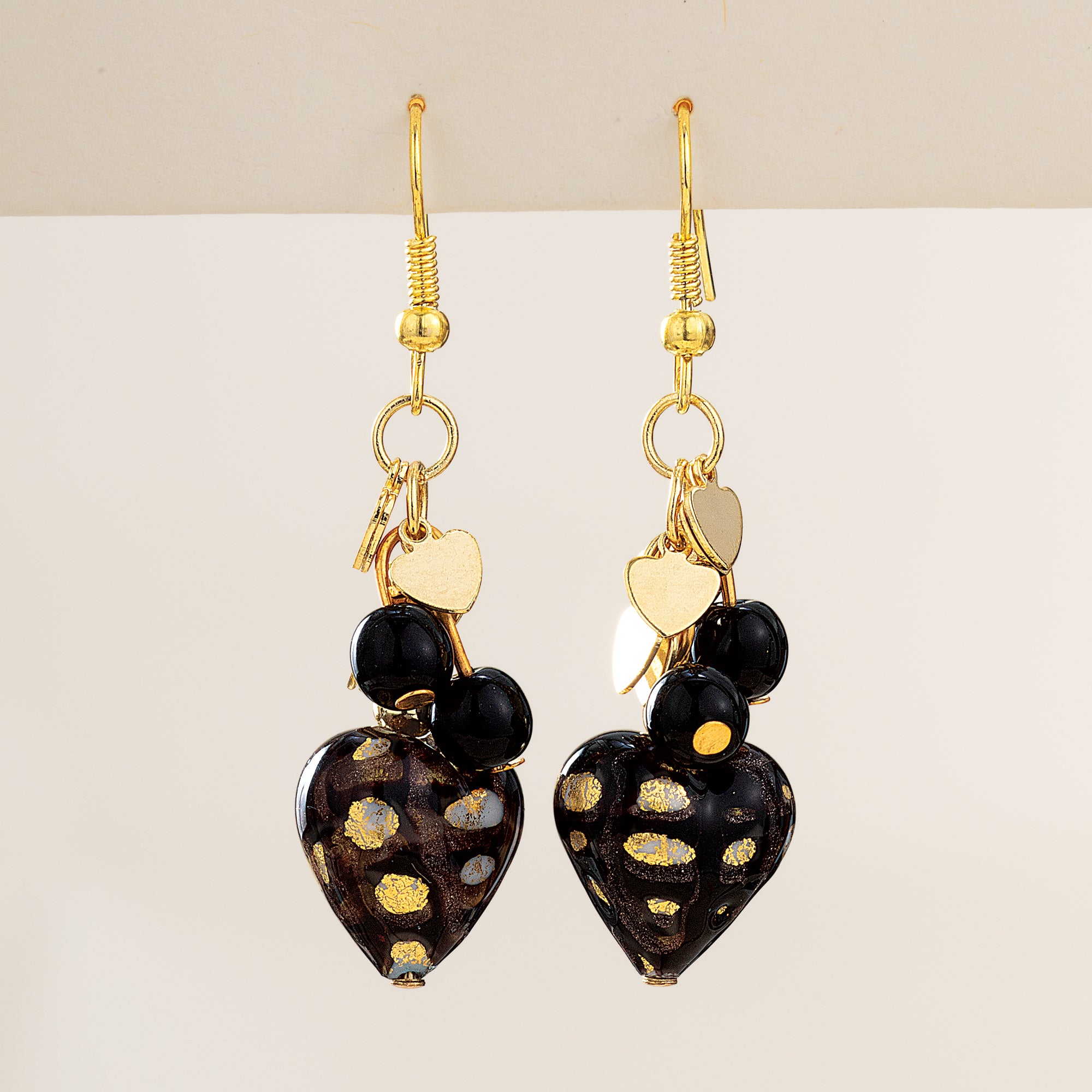 Charming Hearts Black & Gold Murano Glass Dangle Earrings
