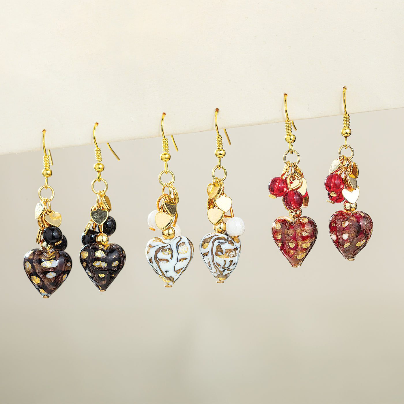 Charming Hearts Black & Gold Murano Glass Dangle Earrings