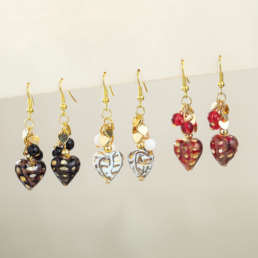 Charming Hearts Black & Gold Murano Glass Dangle Earrings
