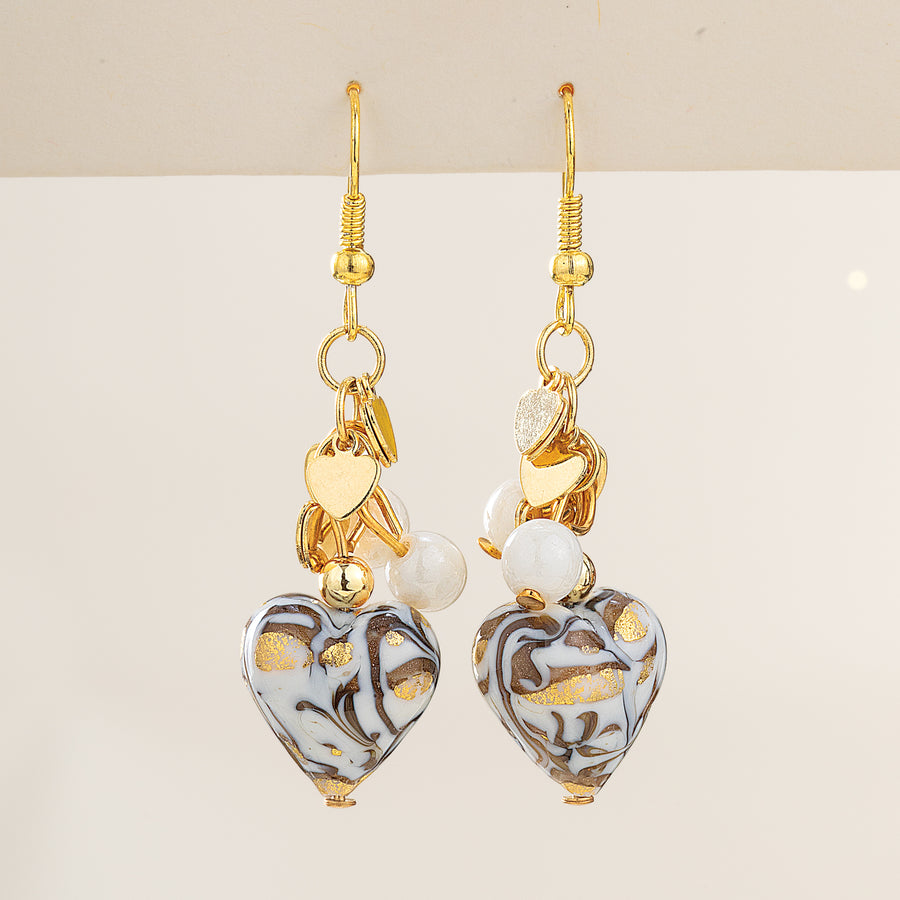 Charming Hearts Ivory & Gold Murano Glass Dangle Earrings
