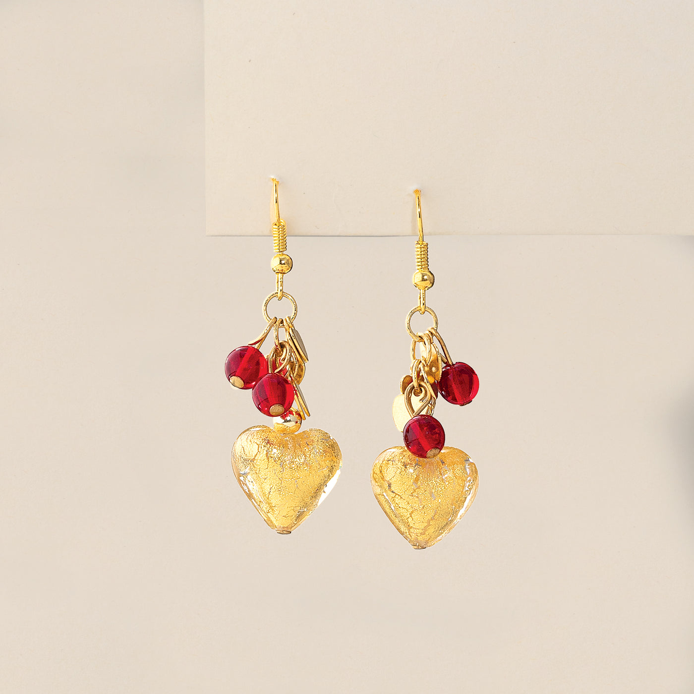 Charming Hearts Gold Murano Glass Dangle Earrings