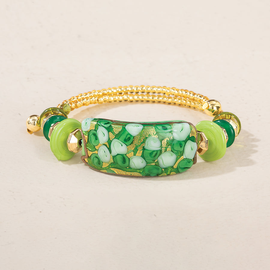 Green Floral Murano Glass Memory Wire Bracelet
