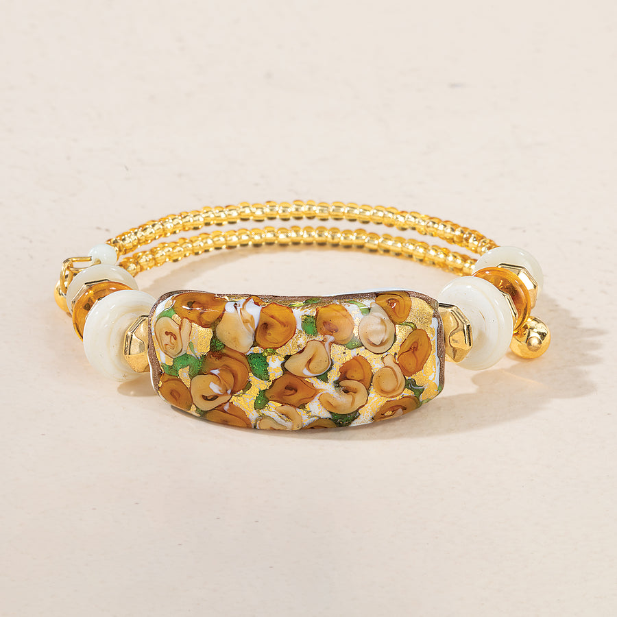 Ivory Floral Murano Glass Memory Wire Bracelet