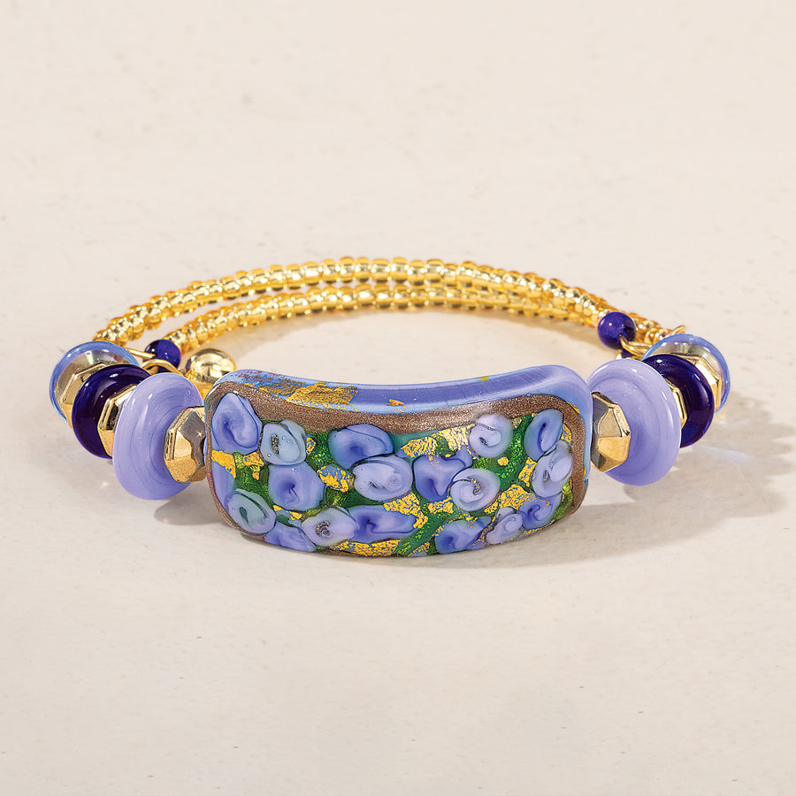 Blue Floral Murano Glass Memory Wire Bracelet