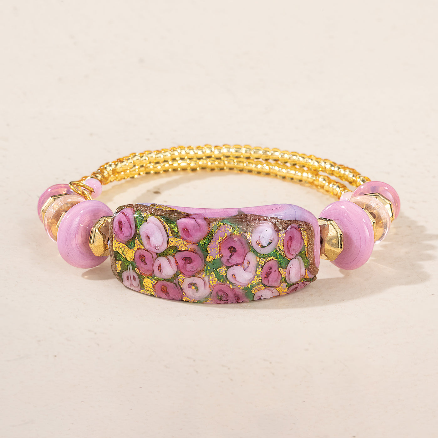Pink Floral Murano Glass Memory Wire Bracelet