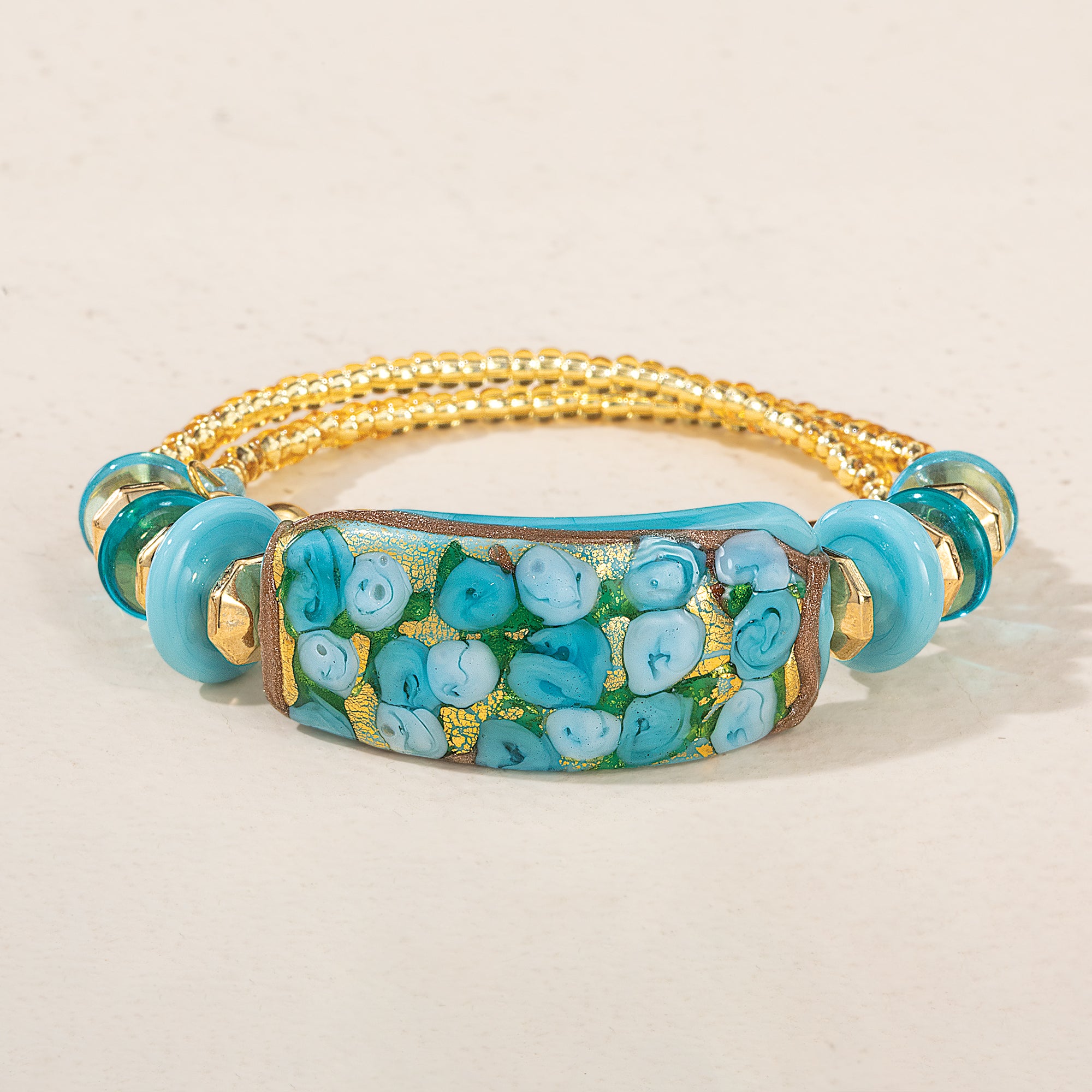 Turquoise Floral Murano Glass Memory Wire Bracelet