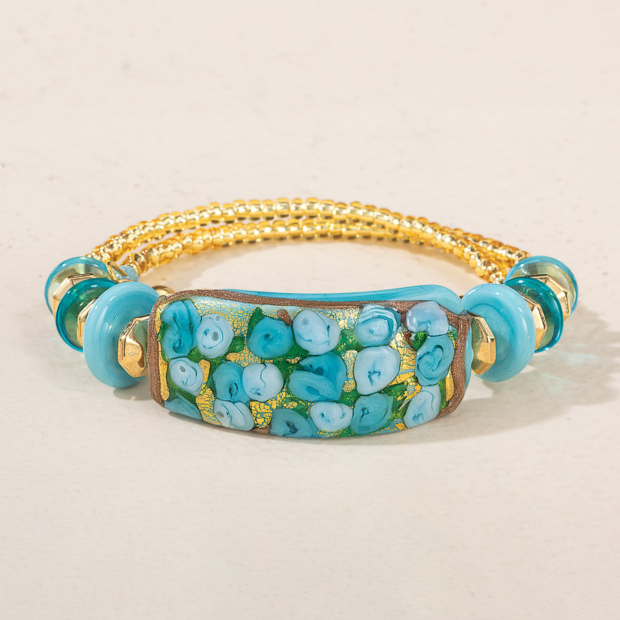 Turquoise Floral Murano Glass Memory Wire Bracelet
