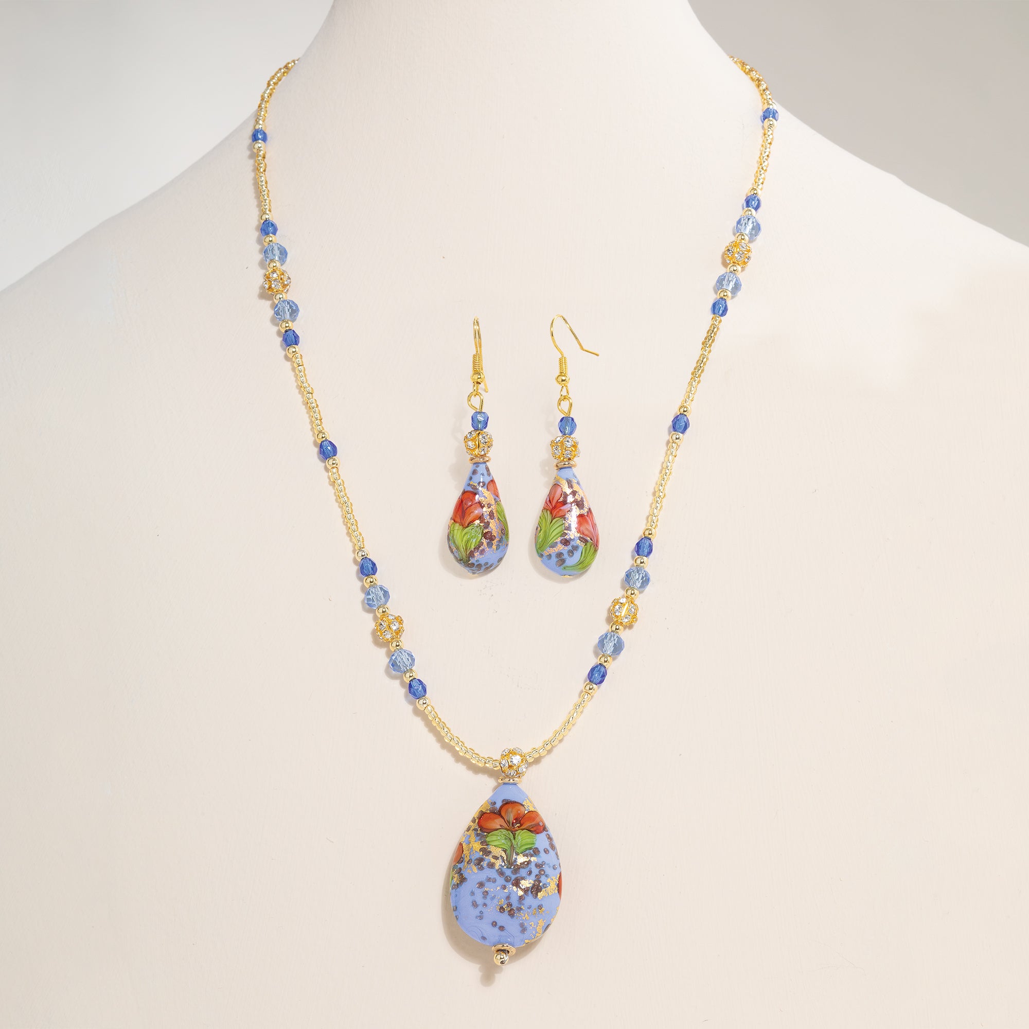 Murano Glass Glowing Color Blue Pendant Necklace and Earrings Set (Preorder)