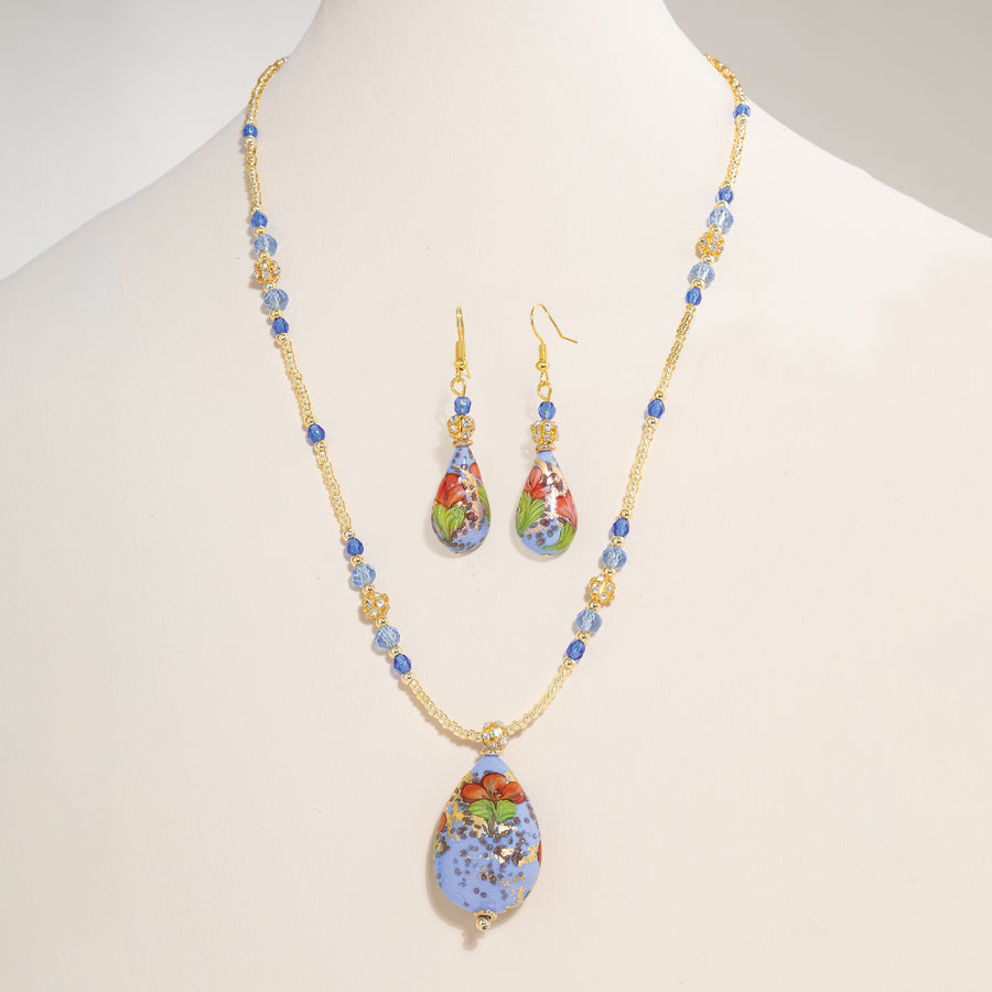 Murano Glass Glowing Color Blue Pendant Necklace and Earrings Set (Preorder)