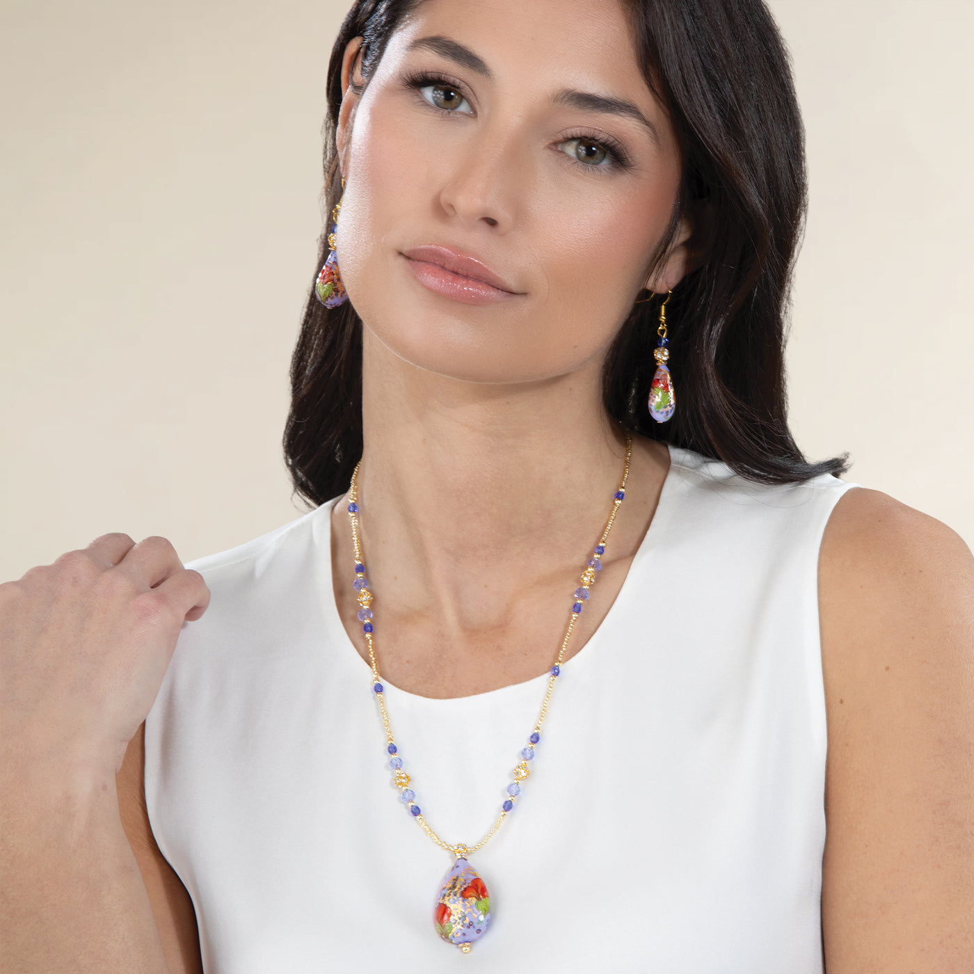 Murano Glass Glowing Color Blue Pendant Necklace and Earrings Set (Preorder)