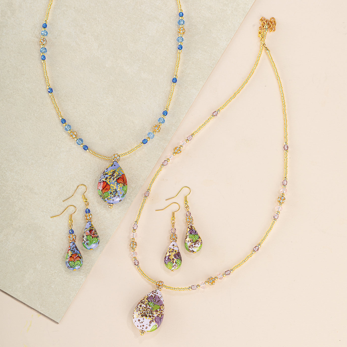 Murano Glass Glowing Color Purple Pendant Necklace and Earrings Set (Preorder)