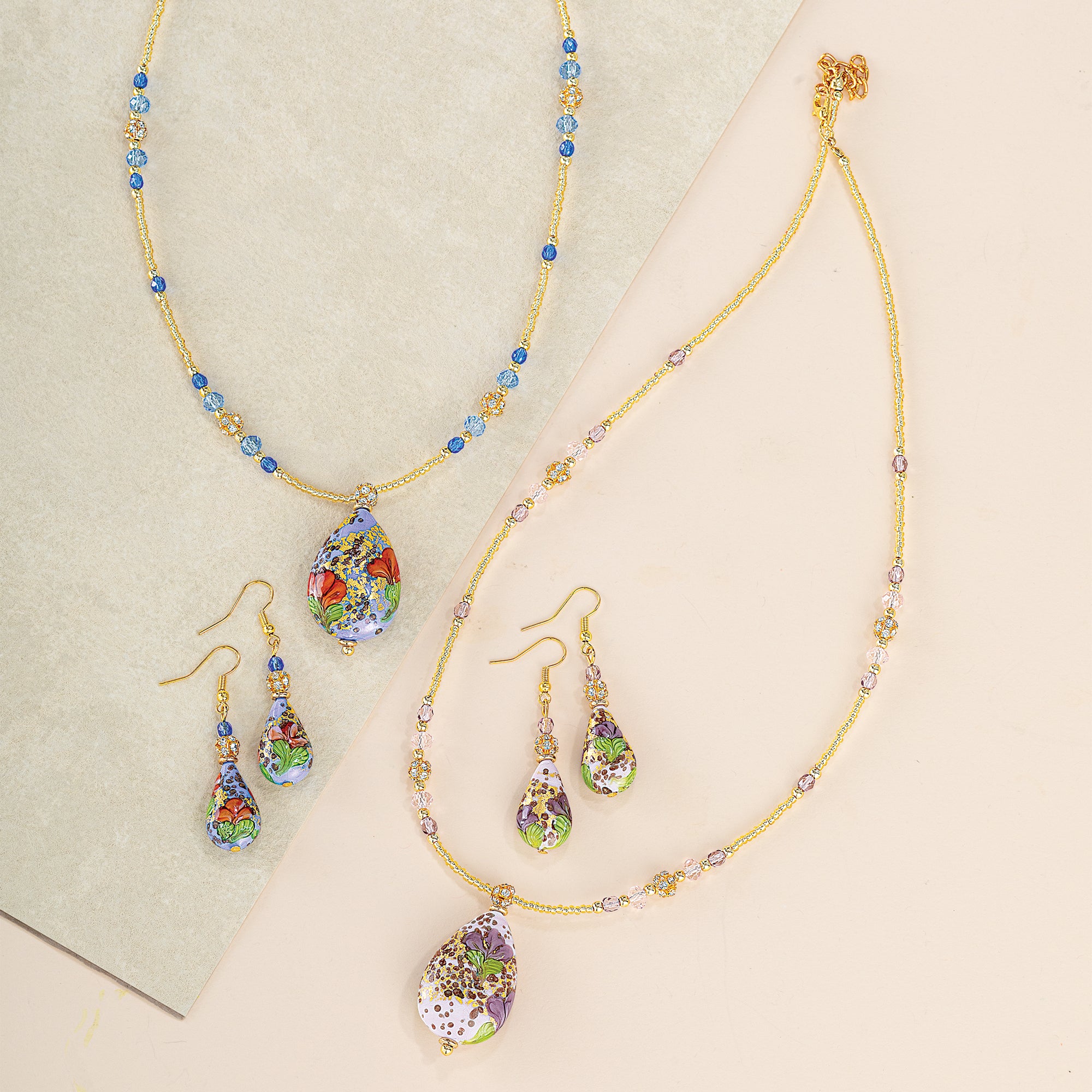 Murano Glass Glowing Color Purple Pendant Necklace and Earrings Set (Preorder)