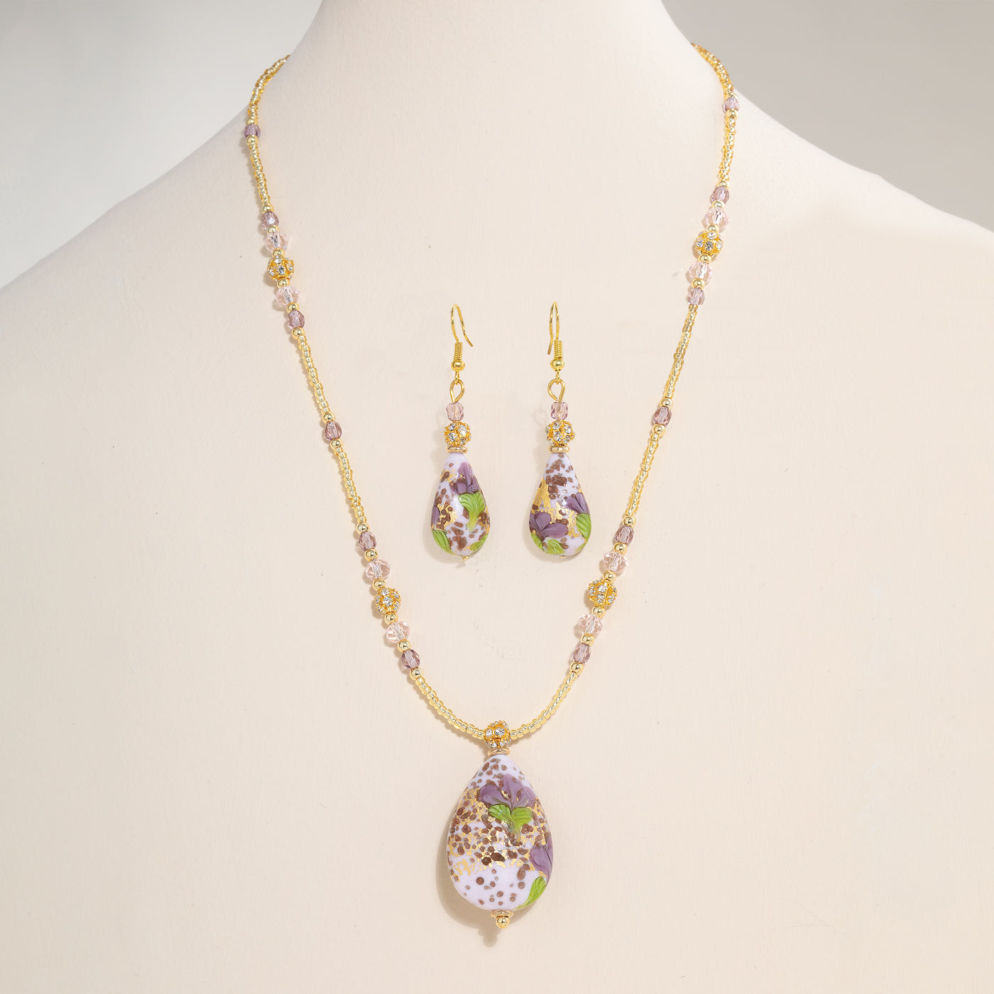 Murano Glass Glowing Color Purple Pendant Necklace and Earrings Set (Preorder)
