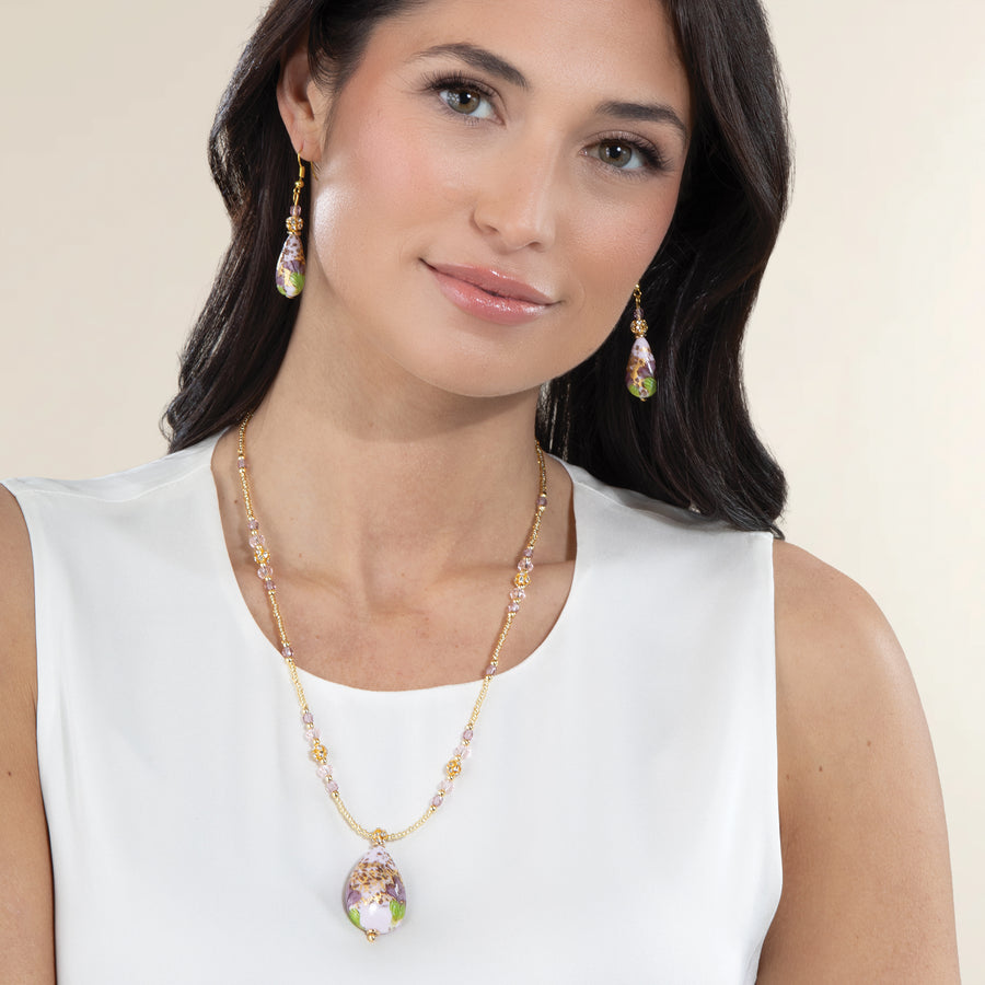 Murano Glass Glowing Color Purple Pendant Necklace and Earrings Set (Preorder)