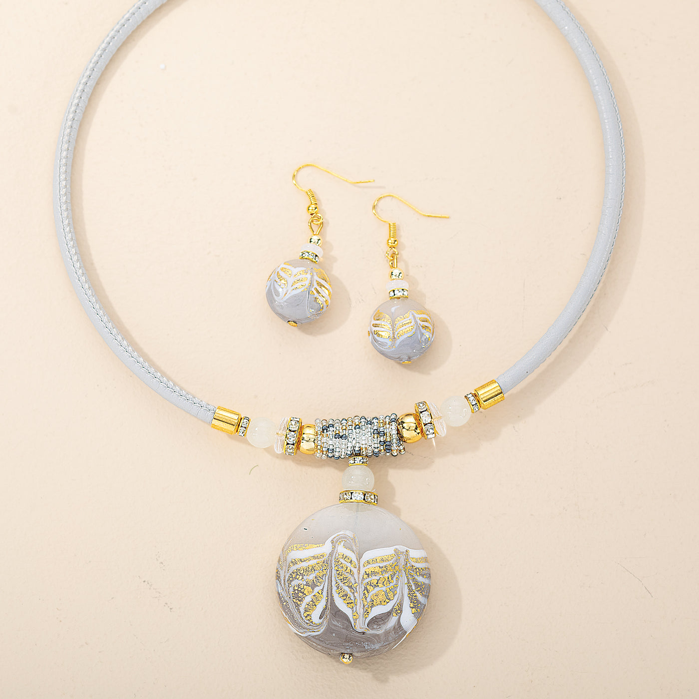 Murano Glass Feathered Silver & Gold Necklace & Earrings Set