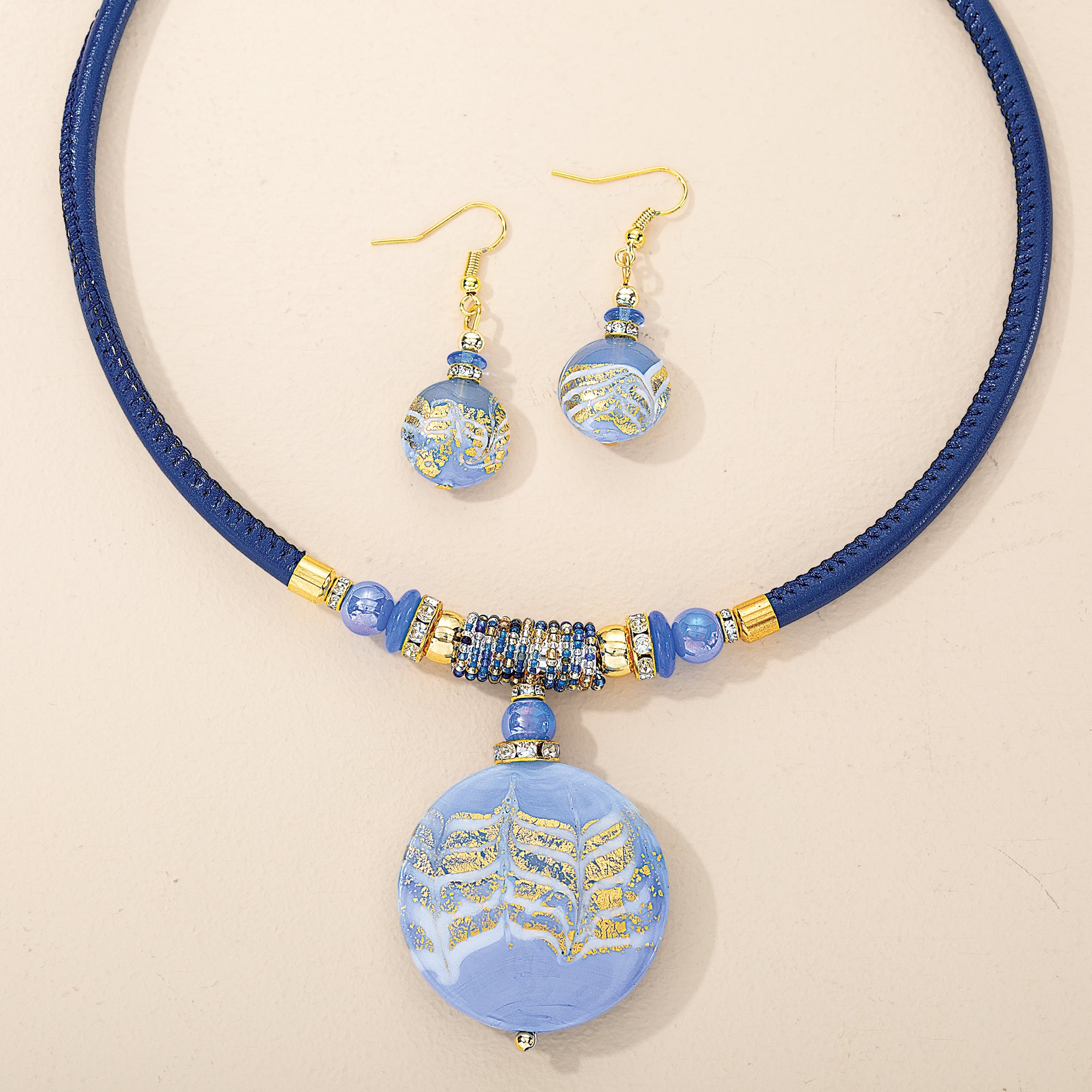 Murano Glass Feathered Blue & Gold Necklace & Earrings Set