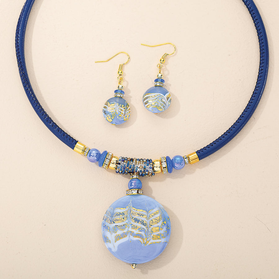 Murano Glass Feathered Blue & Gold Necklace & Earrings Set