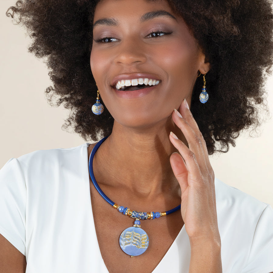 Murano Glass Feathered Blue & Gold Necklace & Earrings Set