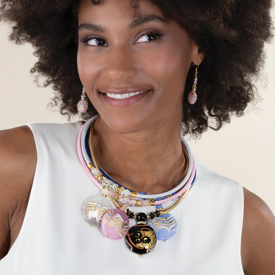 Murano Glass Feathered Pink & Gold Necklace & Earrings Set