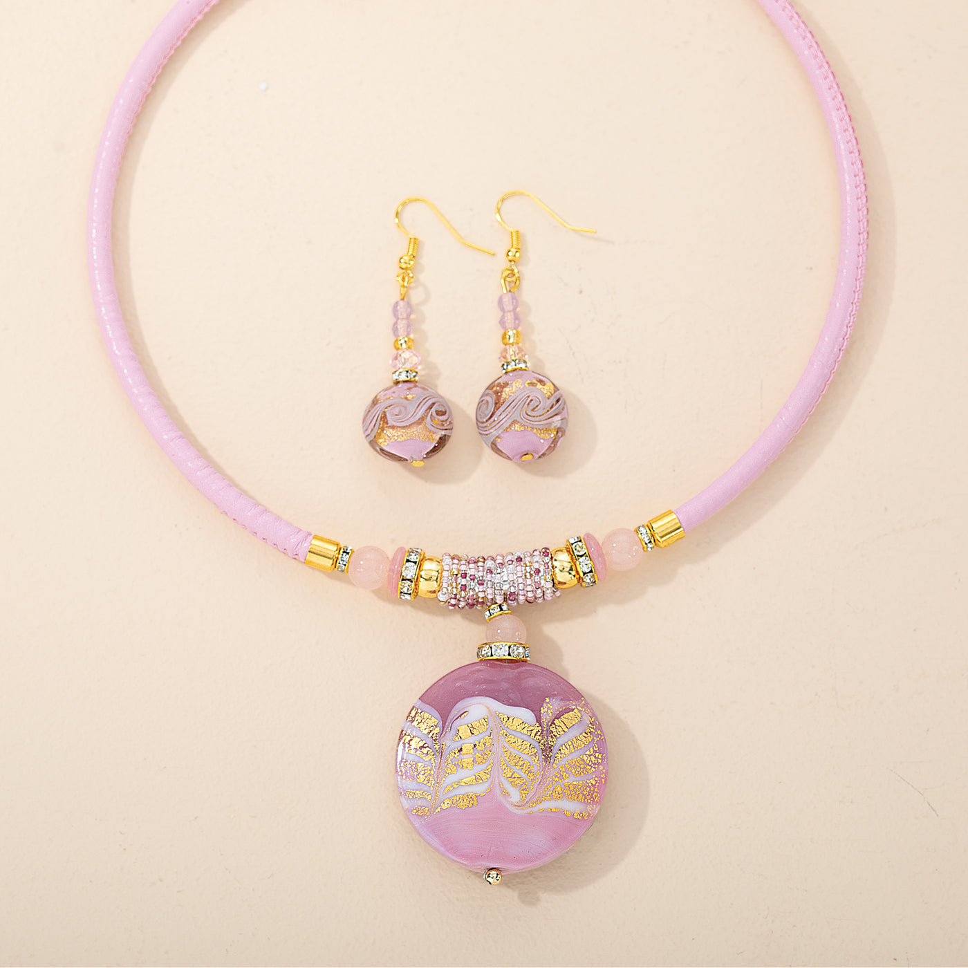 Murano Glass Feathered Pink & Gold Necklace & Earrings Set