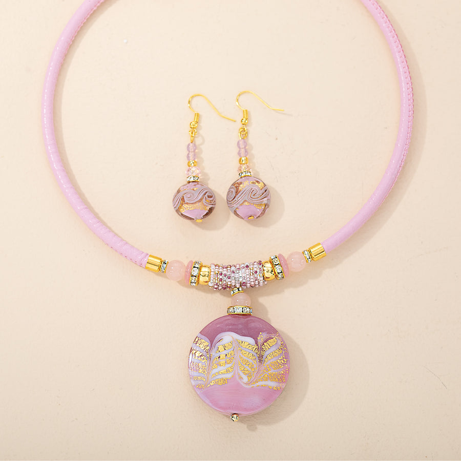 Murano Glass Feathered Pink & Gold Necklace & Earrings Set