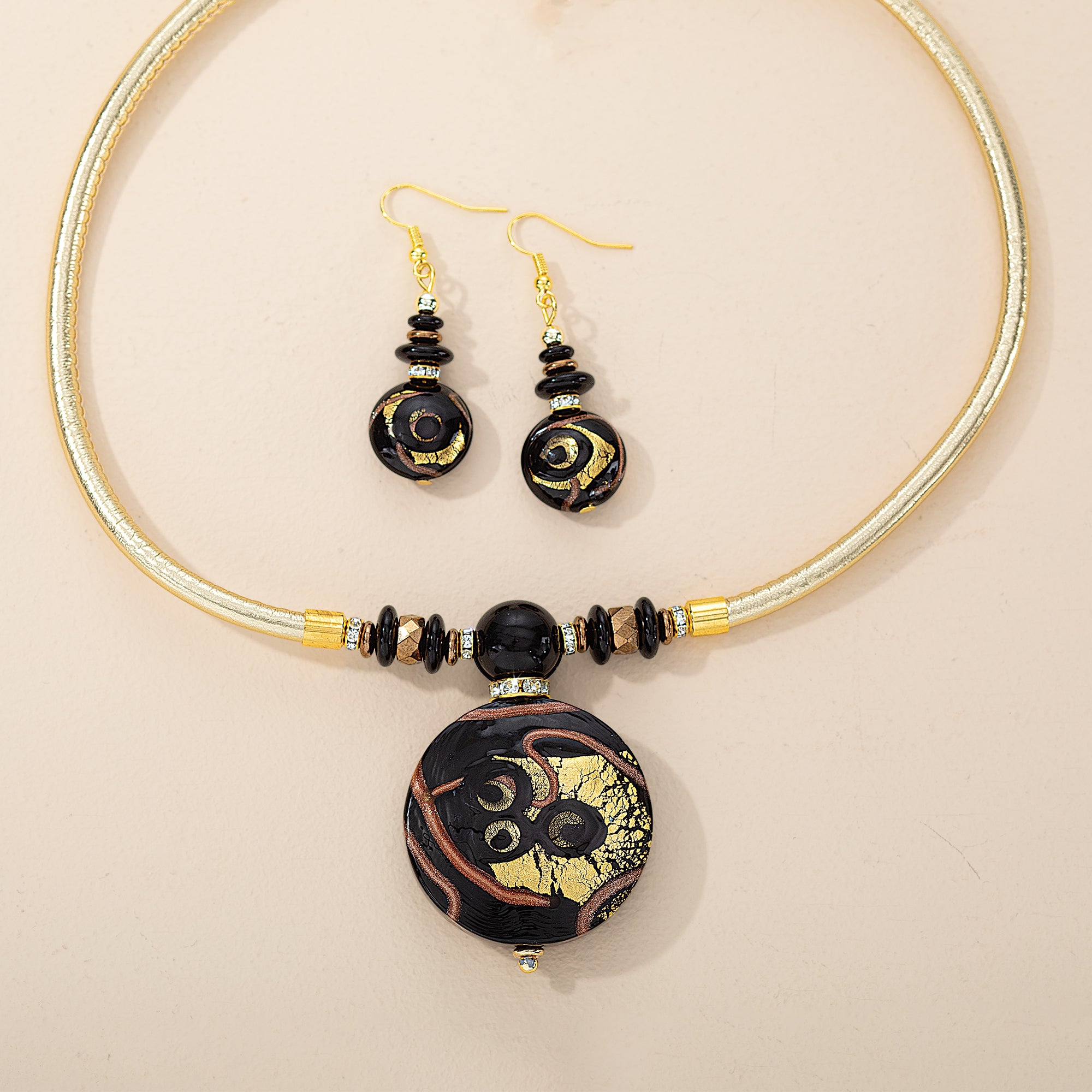 Murano Glass Feathered Black & Gold Necklace & Earrings Set