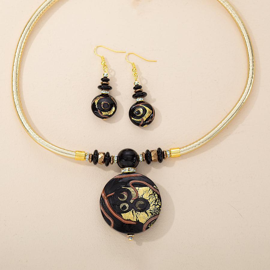 Murano Glass Feathered Black & Gold Necklace & Earrings Set