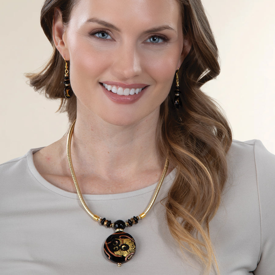 Murano Glass Feathered Black & Gold Necklace & Earrings Set