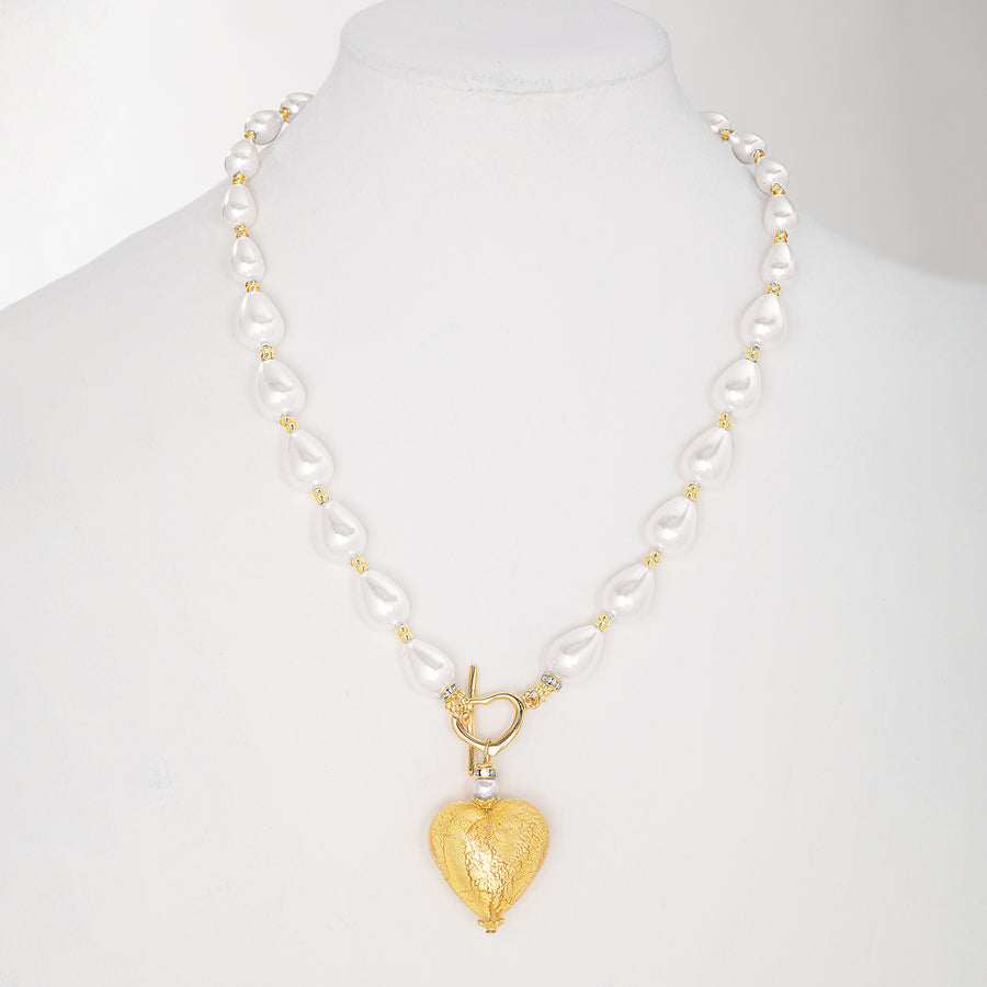 Murano Glass Much Love Gold Heart Pendant & Pearls Necklace