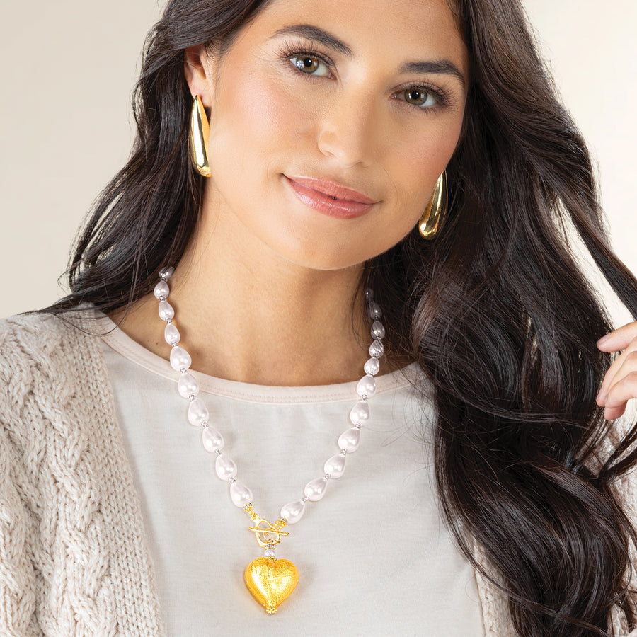 Murano Glass Much Love Gold Heart Pendant & Pearls Necklace