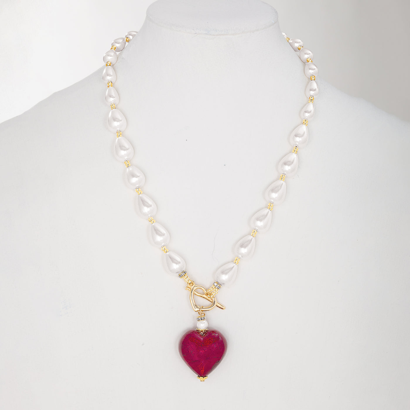 Murano Glass Much Love Red Heart Pendant & Pearls Necklace (Preorder)