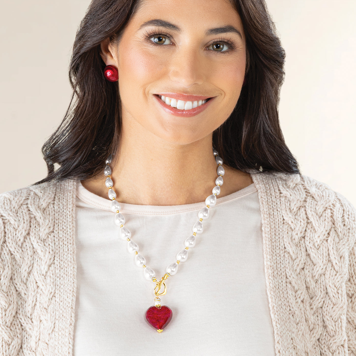 Murano Glass Much Love Red Heart Pendant & Pearls Necklace (Preorder)